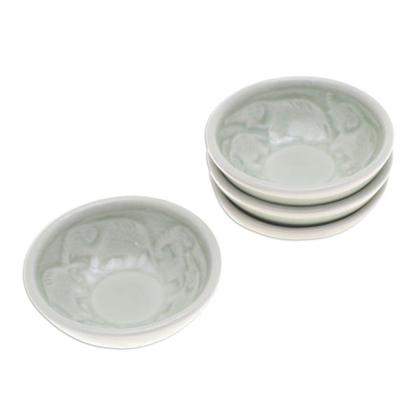Alternate image for 4 Green Celadon Ceramic Elephant Themed Appetizer Bowls Elephant Herd