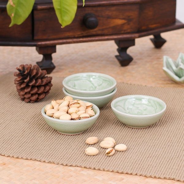 Alternate image for 4 Green Celadon Ceramic Elephant Themed Appetizer Bowls Elephant Herd