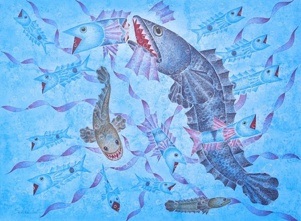 Original Acrylic Fish-Themed Painting 'Big Fish Eat Little Fish II'