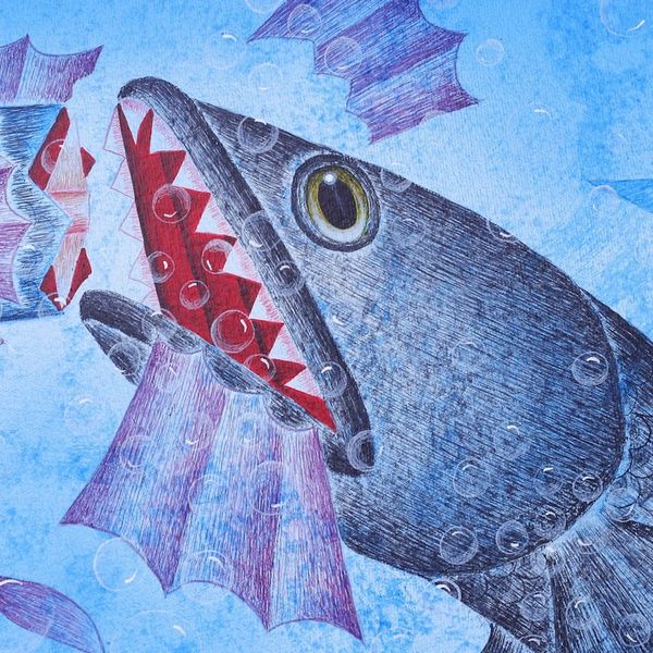 Alternate image for Original Acrylic Fish-Themed Painting Big Fish Eat Little Fish II
