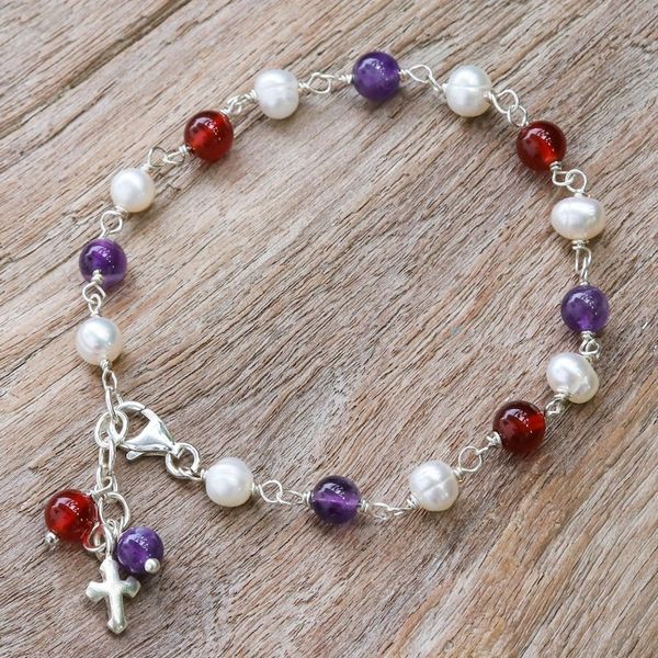 Alternate image for Multi-Gemstone Beaded Bracelet with Silver Cross Grace Blessing