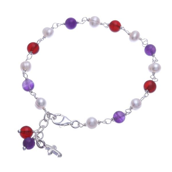 Alternate image for Multi-Gemstone Beaded Bracelet with Silver Cross Grace Blessing