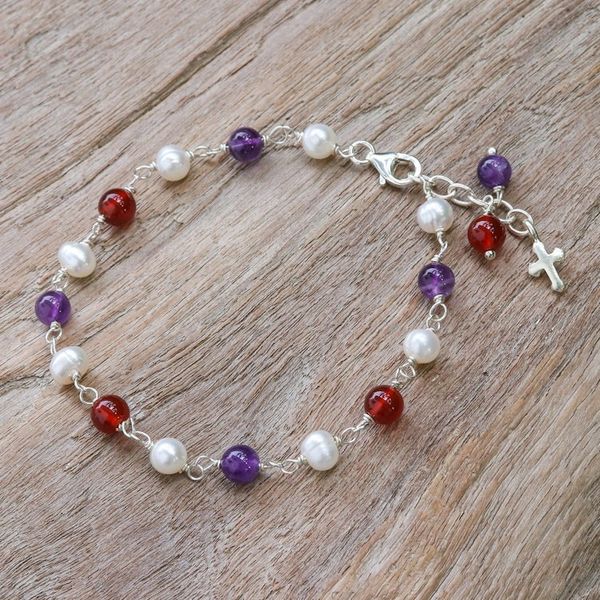 Alternate image for Multi-Gemstone Beaded Bracelet with Silver Cross Grace Blessing