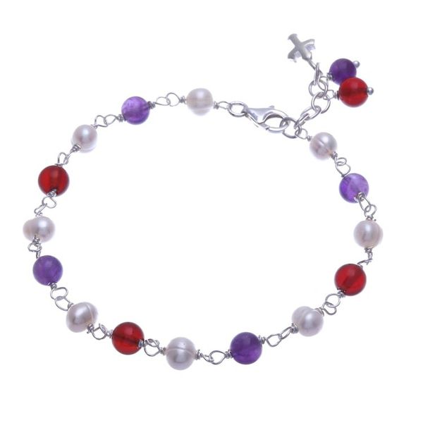 Alternate image for Multi-Gemstone Beaded Bracelet with Silver Cross Grace Blessing