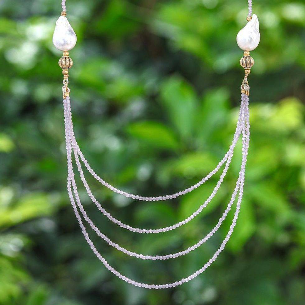 Thai 18k Gold-Accented Pearl and Quartz Pendant Necklace 'Icy Shores in White'