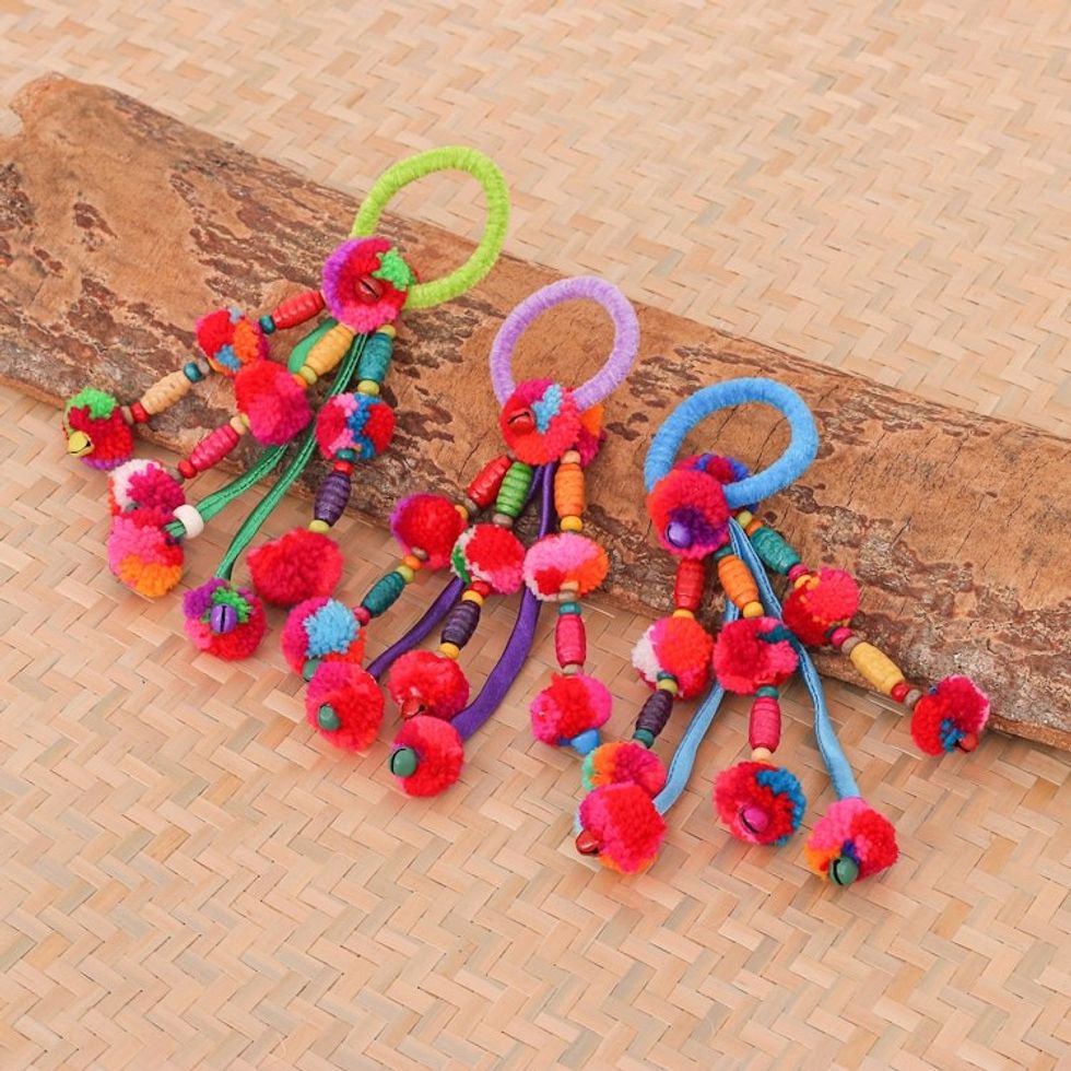 Cotton-Blend Hair Scrunchies with Cotton Pompoms Set of 3 'Tribal Beauty in Open Skies'