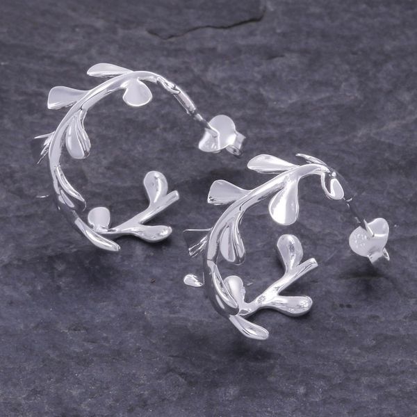 Alternate image for Sterling Silver Half-Hoop Olive Earrings Crafted in Thailand Silver Olives