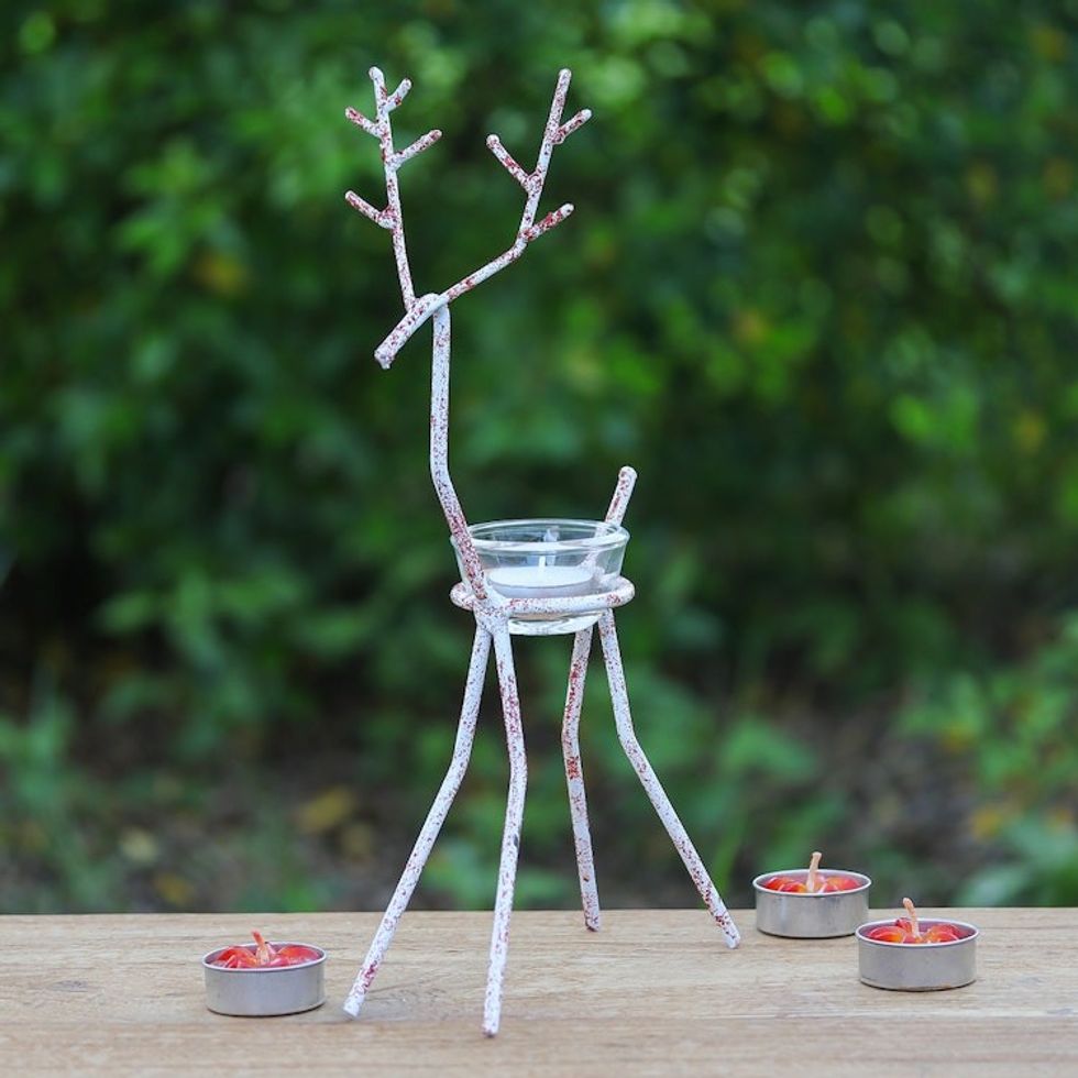 Handcrafted Iron Reindeer Tealight Holder in White and Red 'Winter Reindeer in Red'