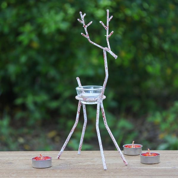Alternate image for Handcrafted Iron Reindeer Tealight Holder in White and Red Winter Reindeer in Red