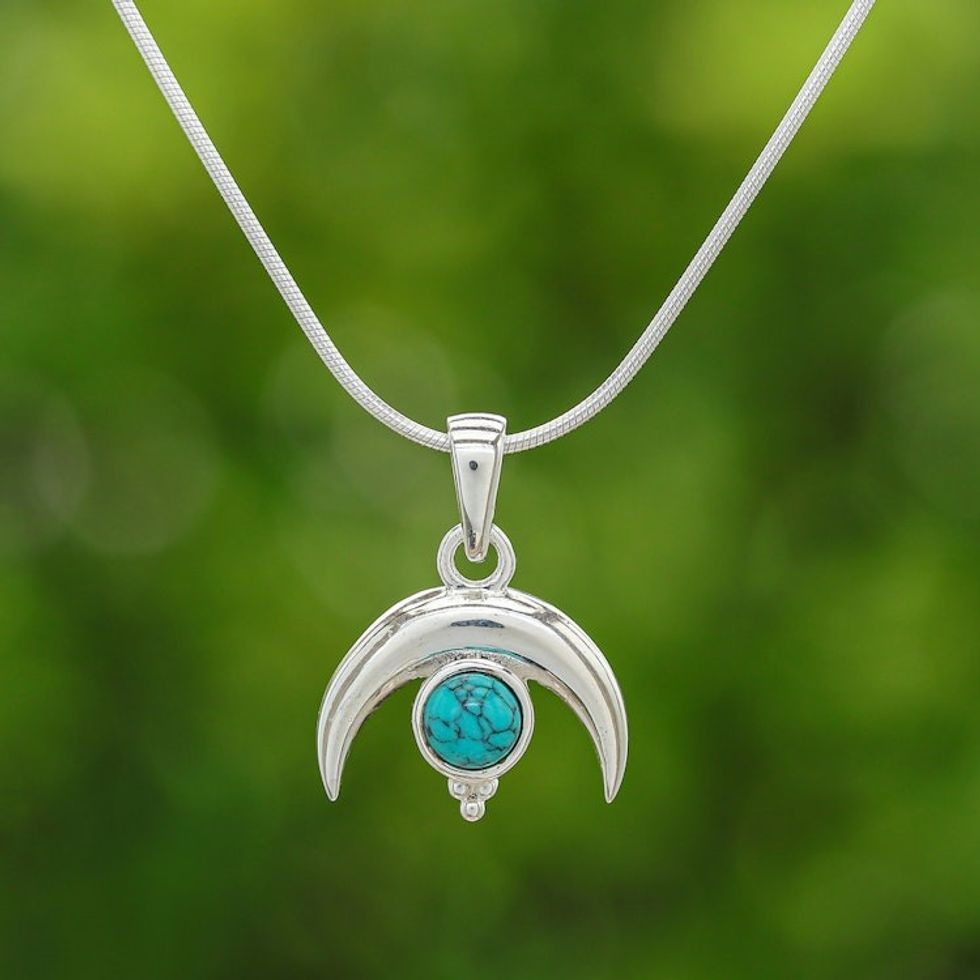 Moon-Shaped Reconstituted Turquoise Pendant Necklace 'Moon on The Lagoon'