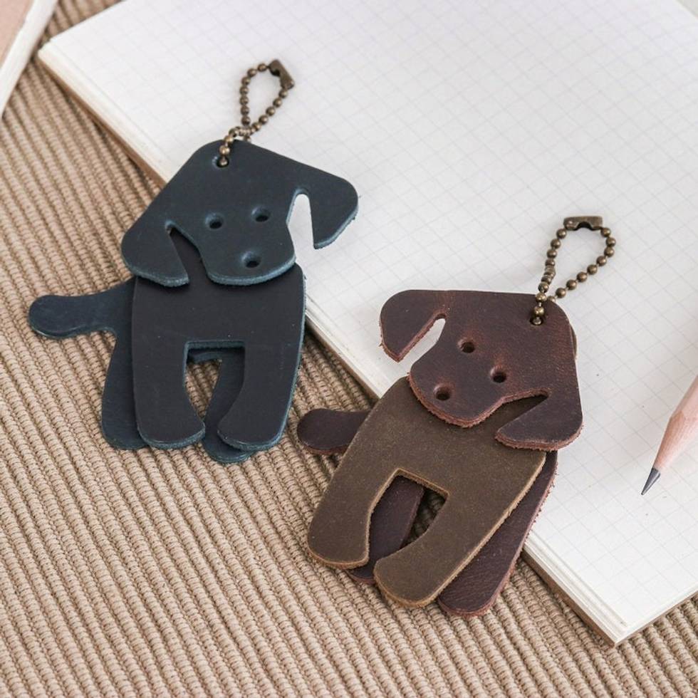 Set of Two Dog-Themed Leather Keychains in Dark Hues 'Night Canines'