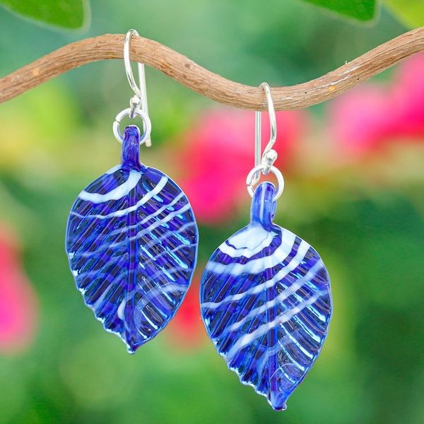 Alternate image for Handblown Leaf-Shaped Striped Blue Glass Dangle Earrings Foliage in Blue