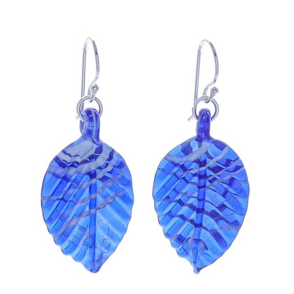 Alternate image for Handblown Leaf-Shaped Striped Blue Glass Dangle Earrings Foliage in Blue