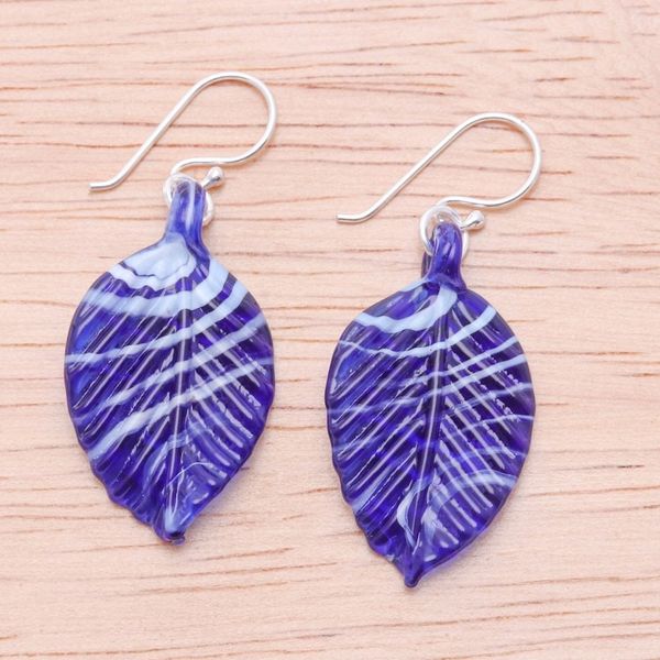 Alternate image for Handblown Leaf-Shaped Striped Blue Glass Dangle Earrings Foliage in Blue