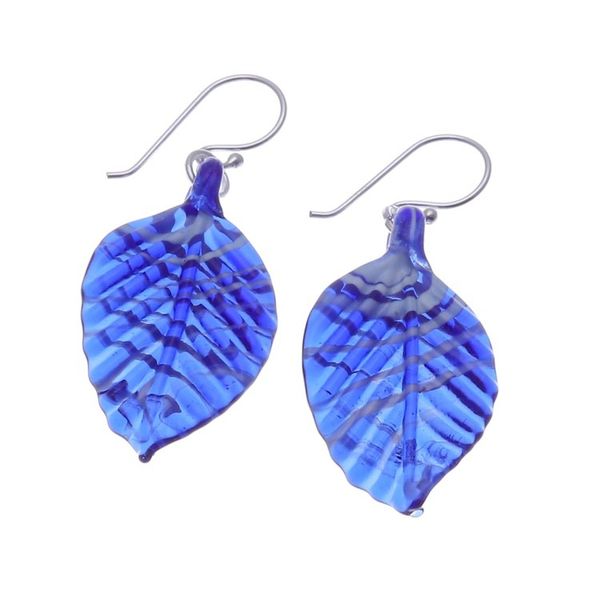 Alternate image for Handblown Leaf-Shaped Striped Blue Glass Dangle Earrings Foliage in Blue
