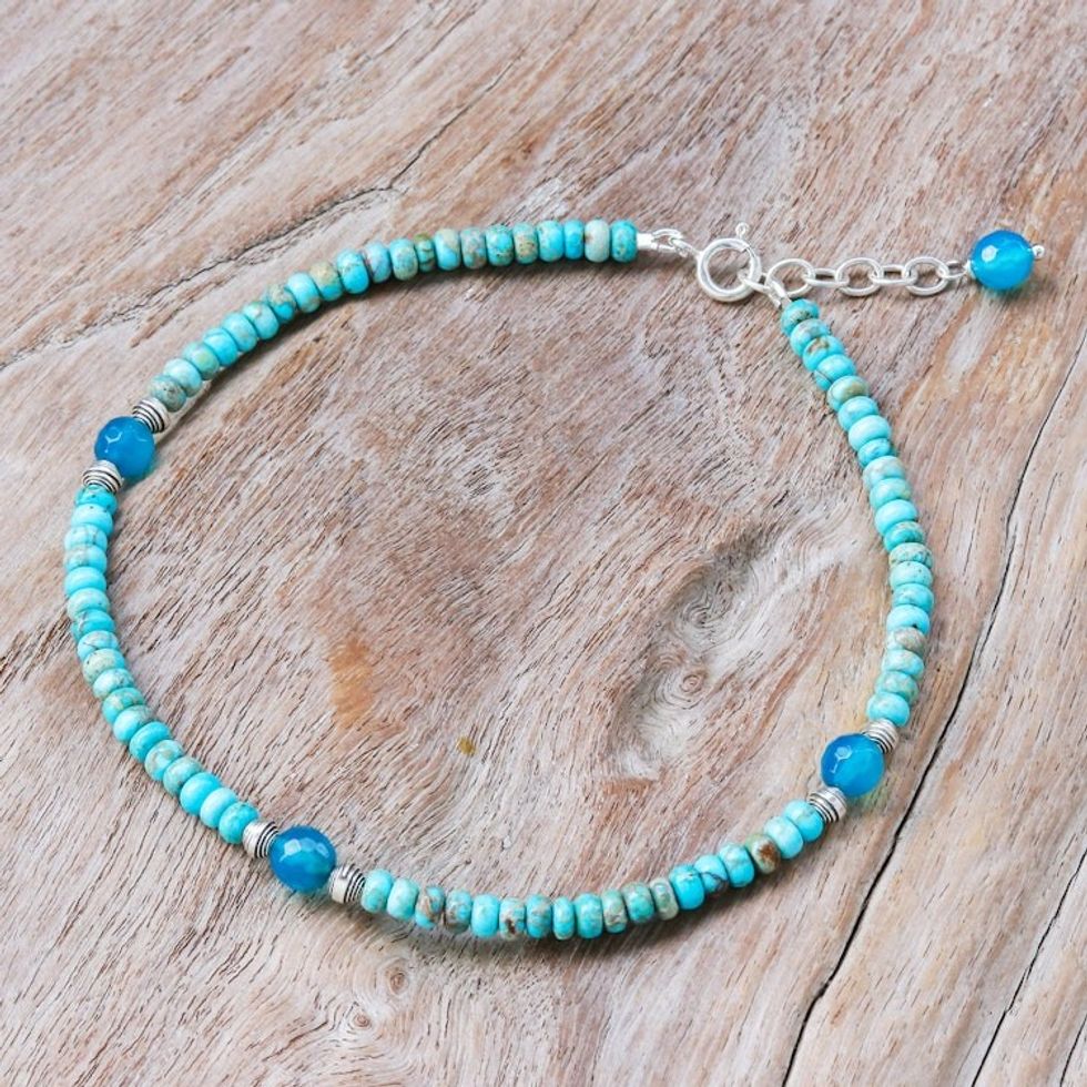 Reconstituted Turquoise and Chalcedony Beaded Anklet 'Stylish Blue'