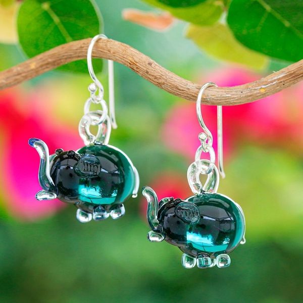 Alternate image for Elephant-Shaped Handblown Glass Dangle Earrings in Teal Teal Elephant Glam