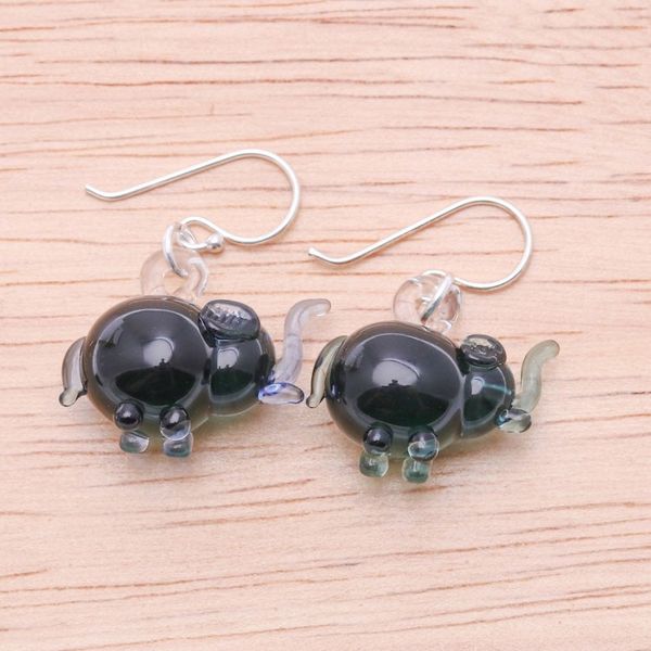 Alternate image for Elephant-Shaped Handblown Glass Dangle Earrings in Teal Teal Elephant Glam