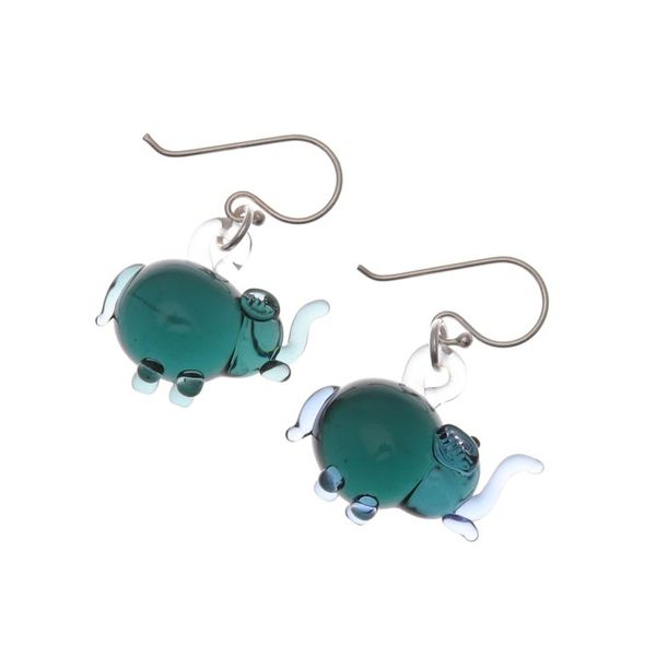 Alternate image for Elephant-Shaped Handblown Glass Dangle Earrings in Teal Teal Elephant Glam