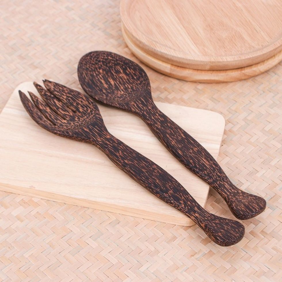 Hand-Carved Palmyra Palm Wood Salad Serving Set Set of 2 'Island Flavor'