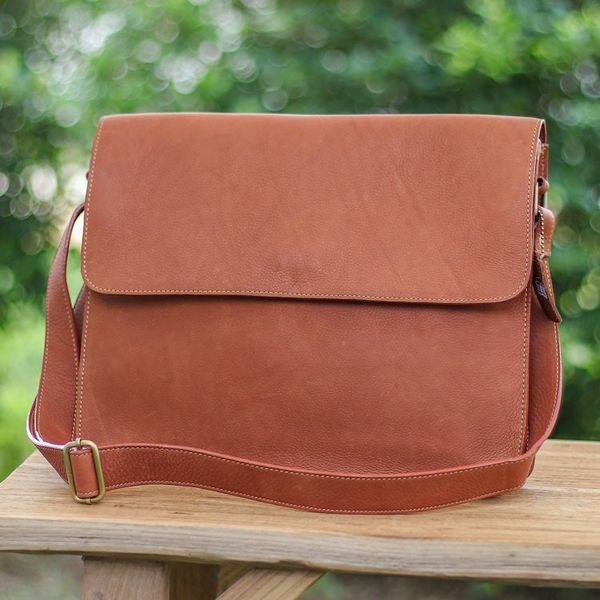 Alternate image for Artisan Crafted Flap Messenger Bag Made in Tan Brown Leather Smooth Tan