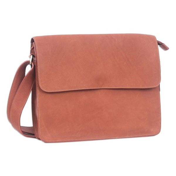 Alternate image for Artisan Crafted Flap Messenger Bag Made in Tan Brown Leather Smooth Tan