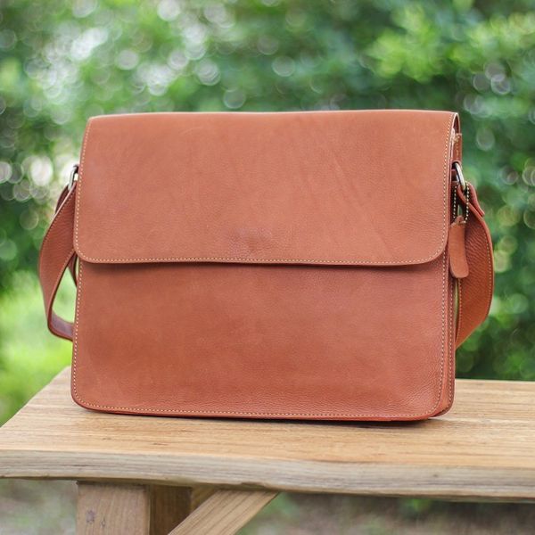 Alternate image for Artisan Crafted Flap Messenger Bag Made in Tan Brown Leather Smooth Tan