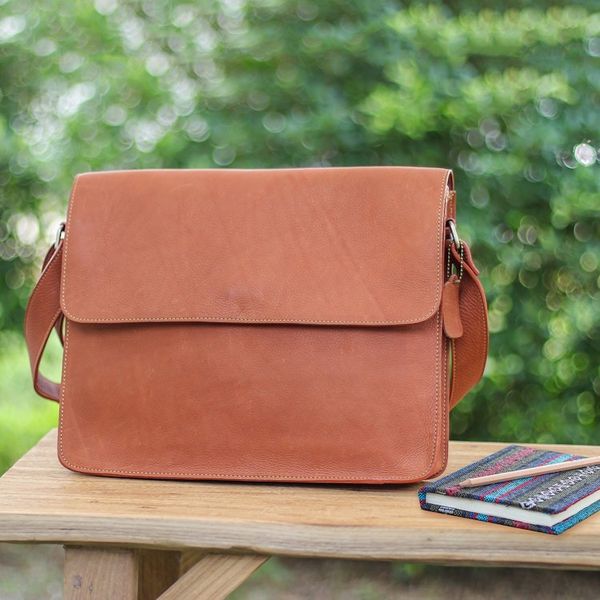 Alternate image for Artisan Crafted Flap Messenger Bag Made in Tan Brown Leather Smooth Tan
