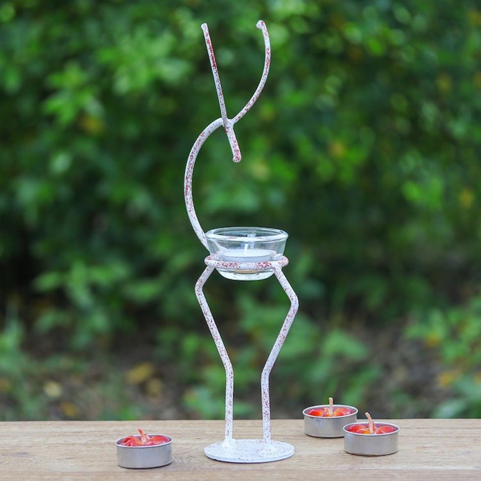 Iron Deer Tealight Holder in White and Red from Thailand 'Deer Splendor in Red'