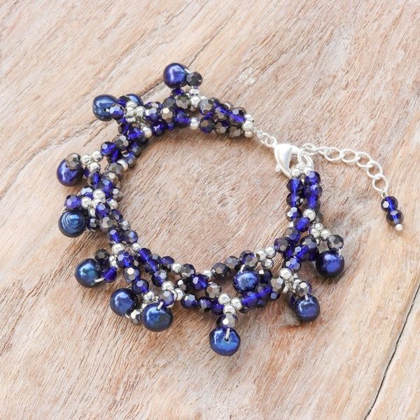 Alternate image for Blue Cultured Pearl Beaded Bracelet with Silver Accents Wonderful Blue