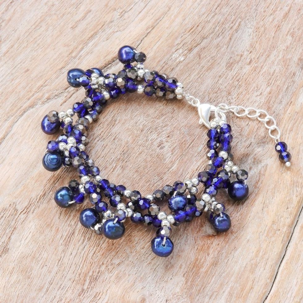 Blue Cultured Pearl Beaded Bracelet with Silver Accents 'Wonderful Blue'
