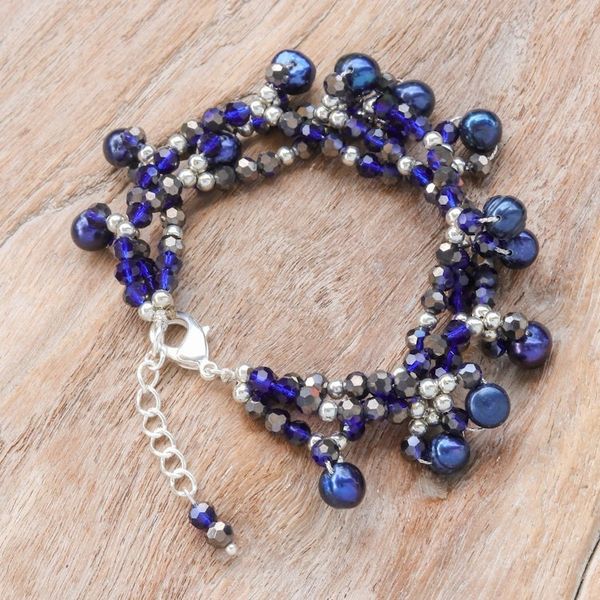 Alternate image for Blue Cultured Pearl Beaded Bracelet with Silver Accents Wonderful Blue