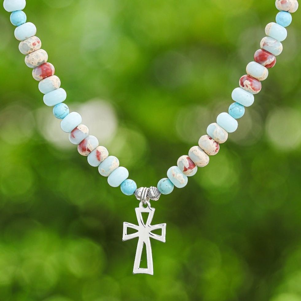 Jasper and Variscite Beaded Necklace with Cross Pendant 'Wealth Faith'
