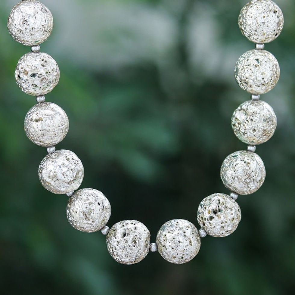 Silver-Toned Lava Stone and Hematite Beaded Necklace 'Blazing Silver'