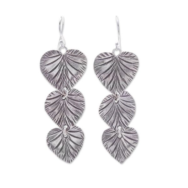 Alternate image for Oxidized Heart-Shaped Leafy Silver Dangle Earrings Romantic Foliage