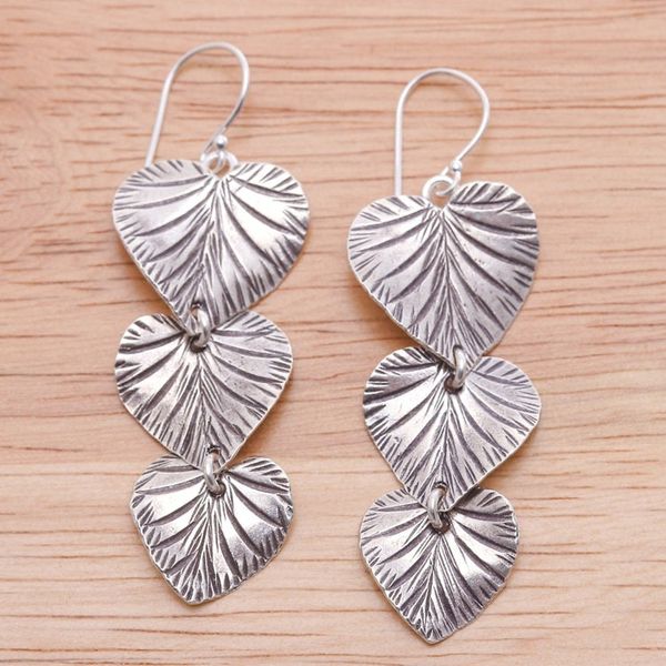 Alternate image for Oxidized Heart-Shaped Leafy Silver Dangle Earrings Romantic Foliage