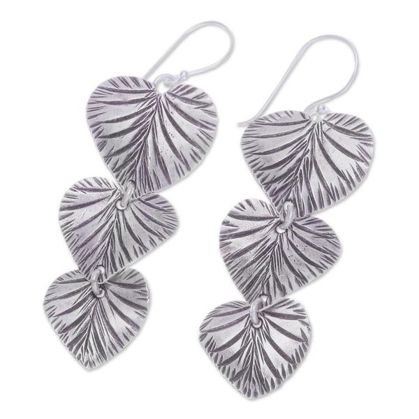 Alternate image for Oxidized Heart-Shaped Leafy Silver Dangle Earrings Romantic Foliage