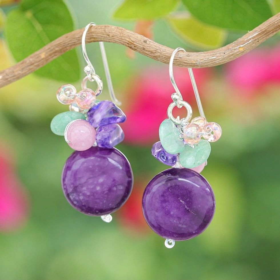 Purple Quartz Glass and Resin Beaded Cluster Earrings 'Purple Perfect'