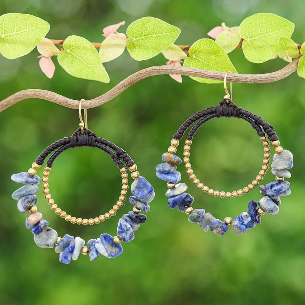 Polished Brass and Sodalite Beaded Dangle Earrings 'True Goddess'
