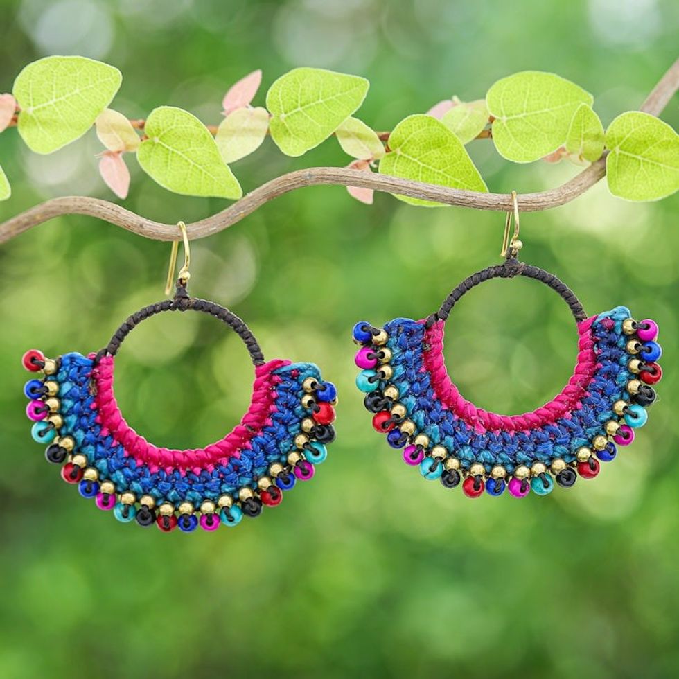 Blue Macrame Dangle Earrings with Colorful Magnesite Beads 'Oneiric Nimbus'