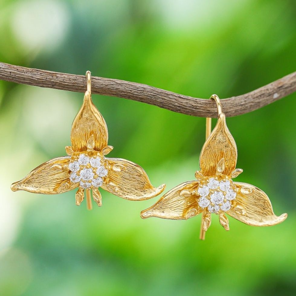 Hand Made Gold-Plated Cubic Zirconia Drop Earrings 'Auspicious Sign'