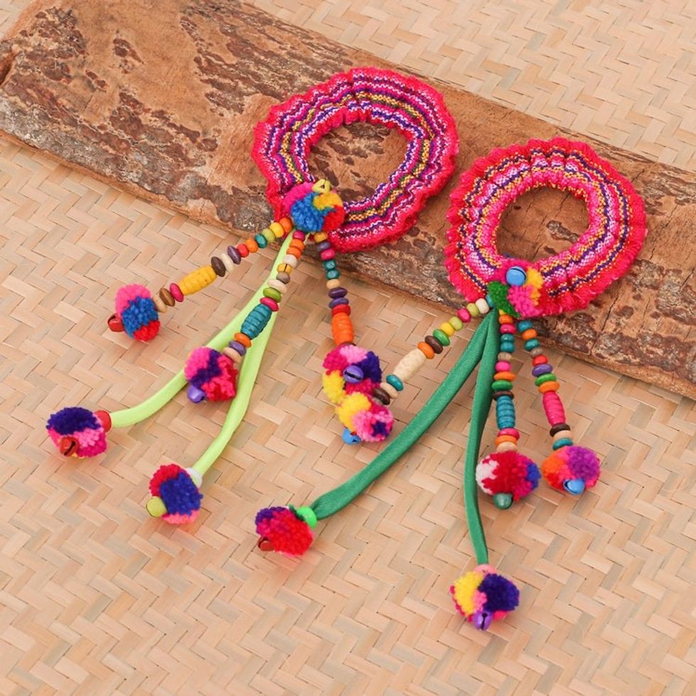 Artisan Crafted Cotton-Blend Hair Scrunchies Pair 'Hmong Spirit in Green'
