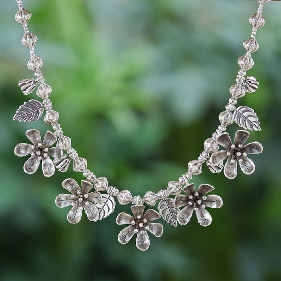 Leafy and Flower-Themed Silver Beaded Pendant Necklace 'Ethereal Season'