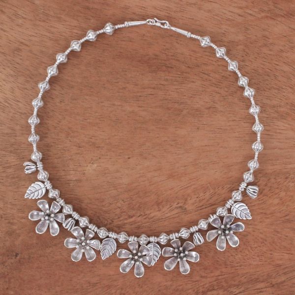 Alternate image for Leafy and Flower-Themed Silver Beaded Pendant Necklace Ethereal Season