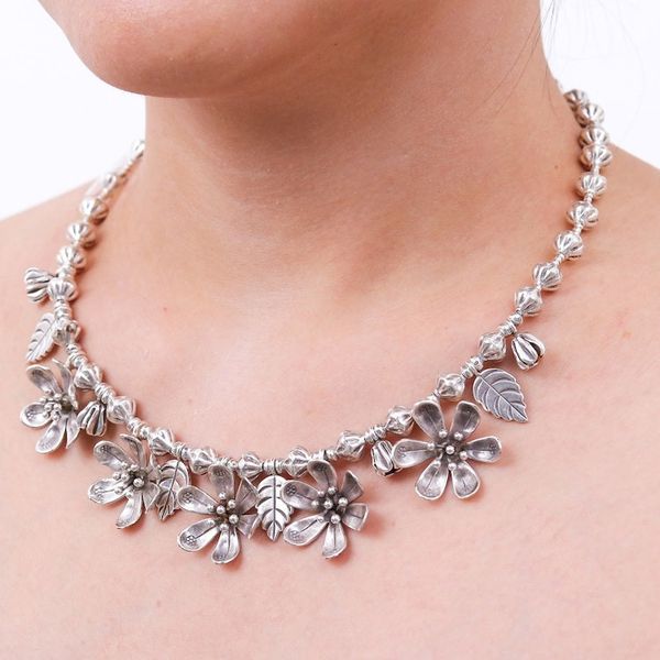 Alternate image for Leafy and Flower-Themed Silver Beaded Pendant Necklace Ethereal Season