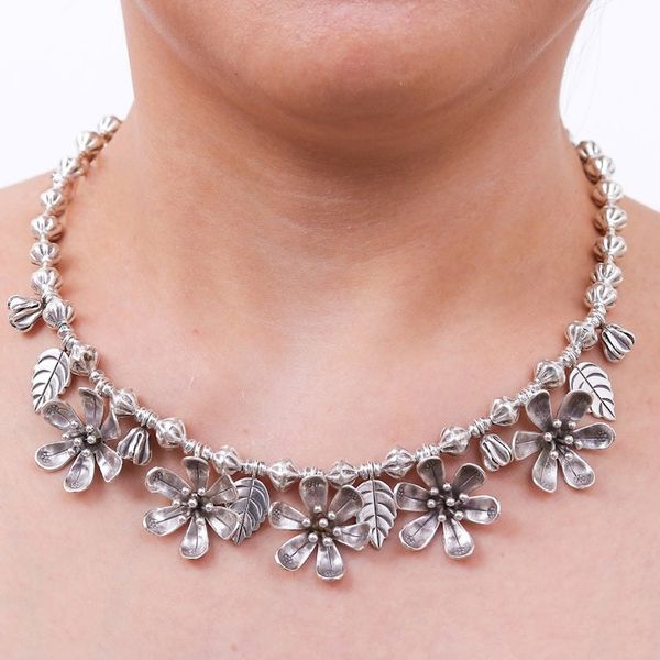 Alternate image for Leafy and Flower-Themed Silver Beaded Pendant Necklace Ethereal Season