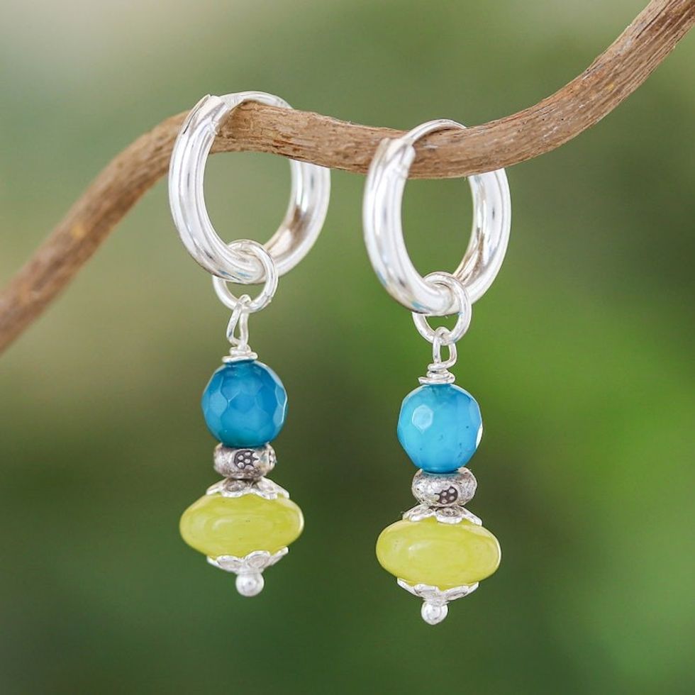 Sterling Silver Hoop Earrings with Agate Chalcedony Stones 'Fantastic Duo'