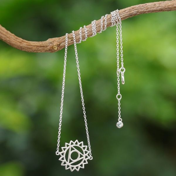 Alternate image for Sterling Silver Pendant Necklace with Blue Cubic Zirconia Blue Throat Chakra