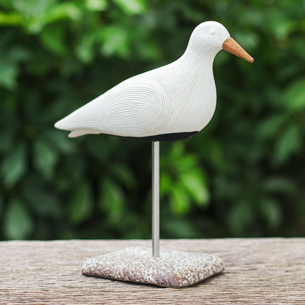 Ceramic Bird Sculpture with Mango Wood Accents from Thailand 'Little Flight'