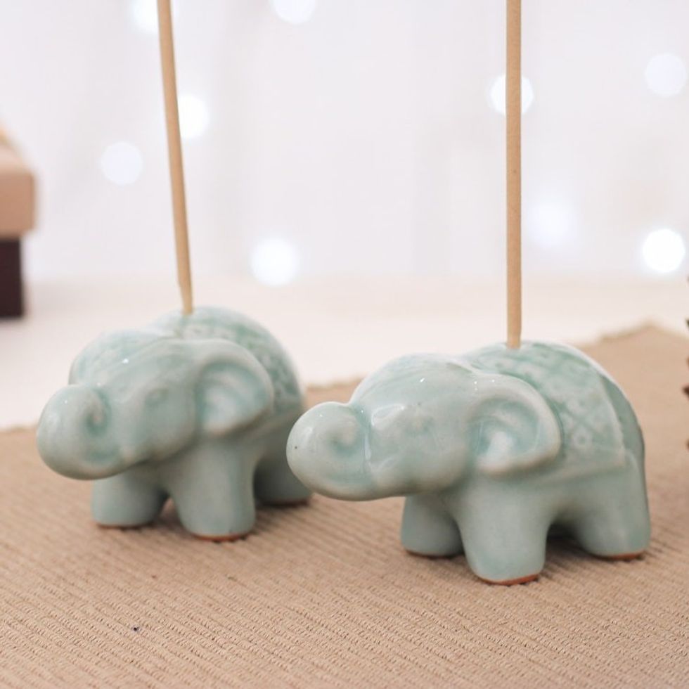 Set of 2 Green Elephant Celadon Ceramic Incense Holders 'Giant's Green Aura'